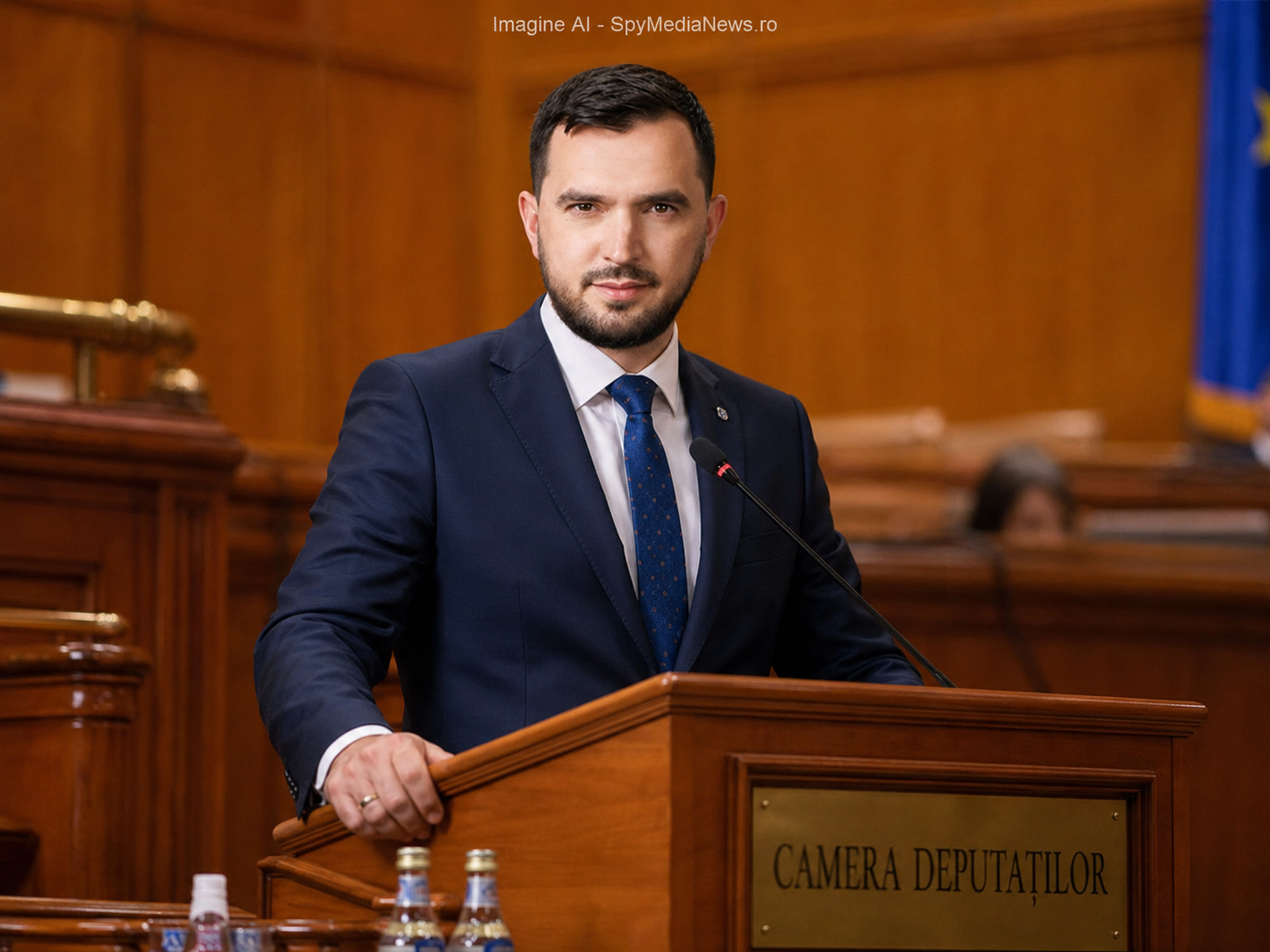 Imagine editorială generată AI – Mihai-Adrian Enache la tribuna Camerei Deputaților