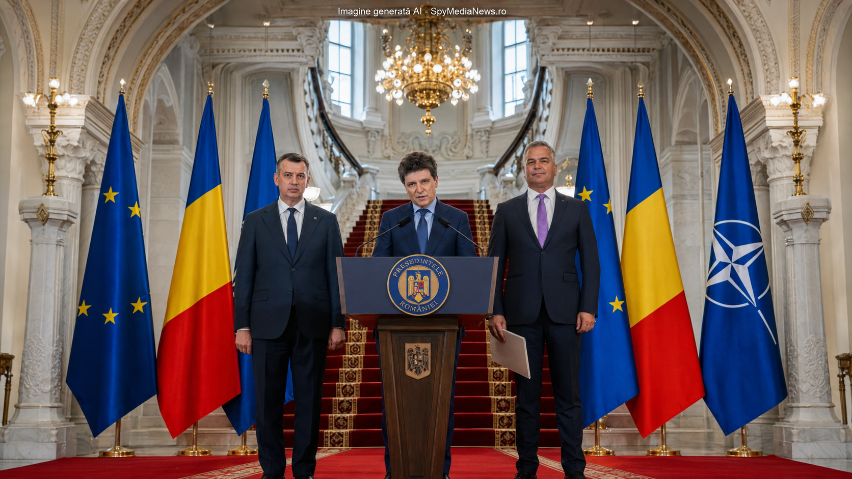 Imagine editorială generată AI – scenă oficială privind formarea noului Guvern