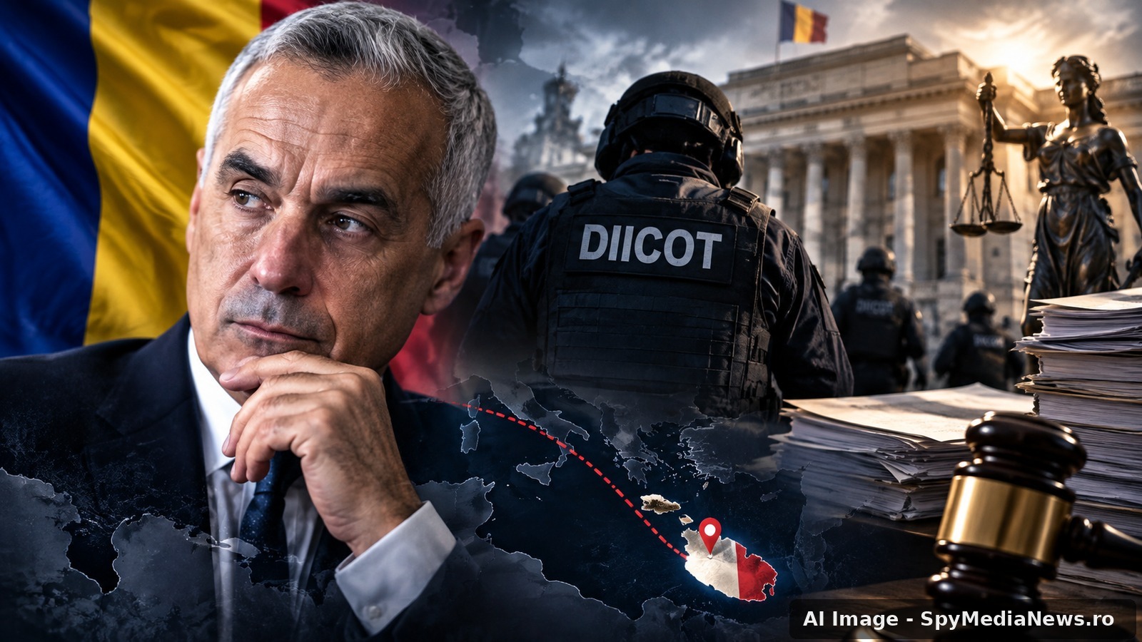 Ilustrație editorială AI despre ancheta DIICOT care îl vizează pe Călin Georgescu