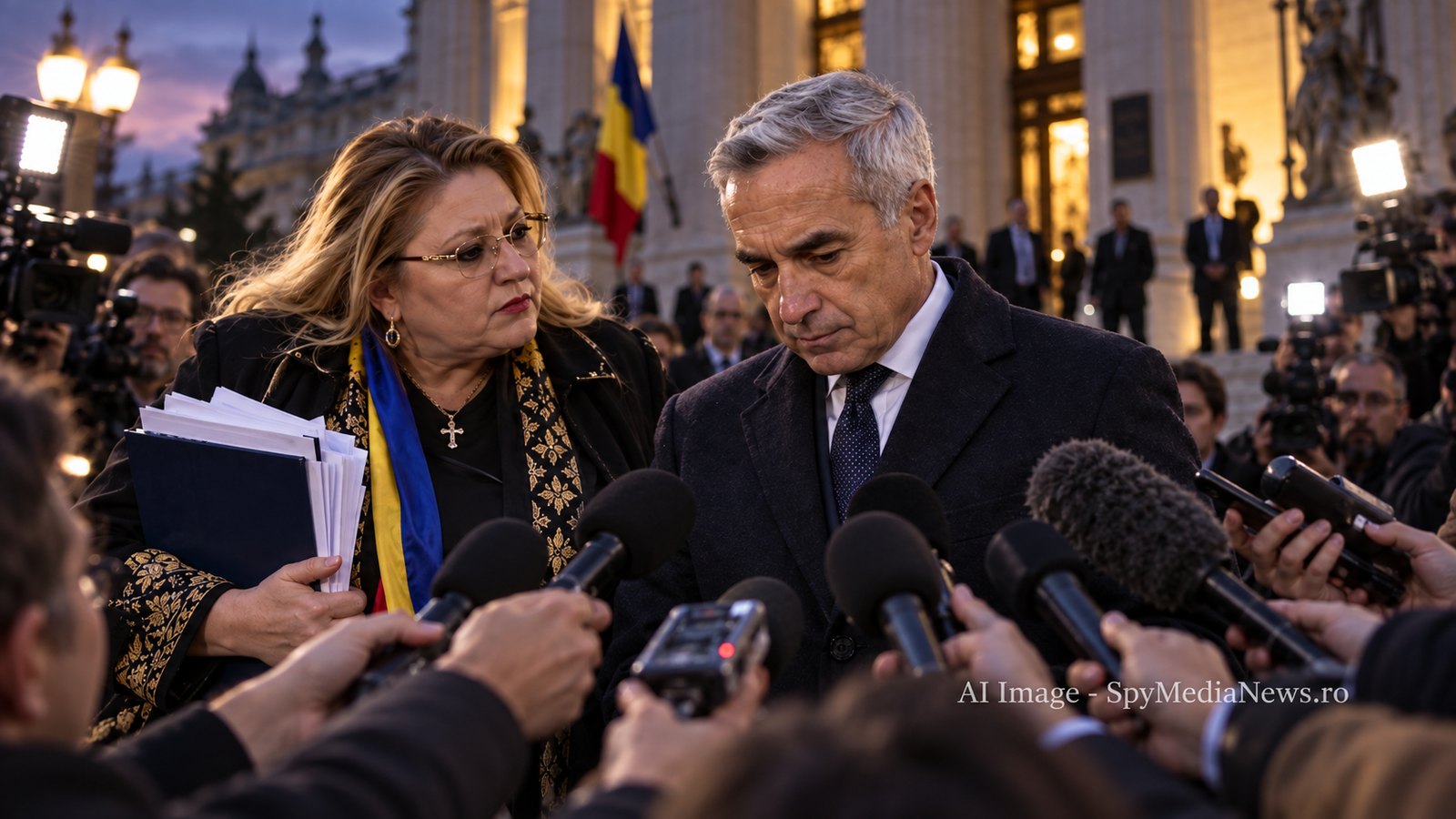 Imagine AI cu presă și declarații publice în jurul subiectului Georgescu-Șoșoacă