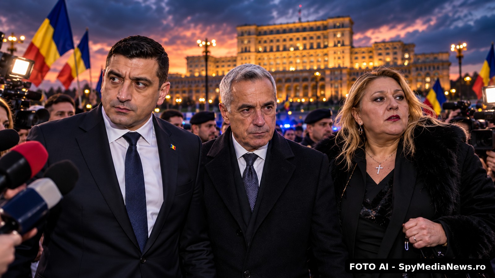 George Simion, Călin Georgescu și Diana Șoșoacă în fața unui tribunal, înconjurați de camere, microfoane și forțe de ordine