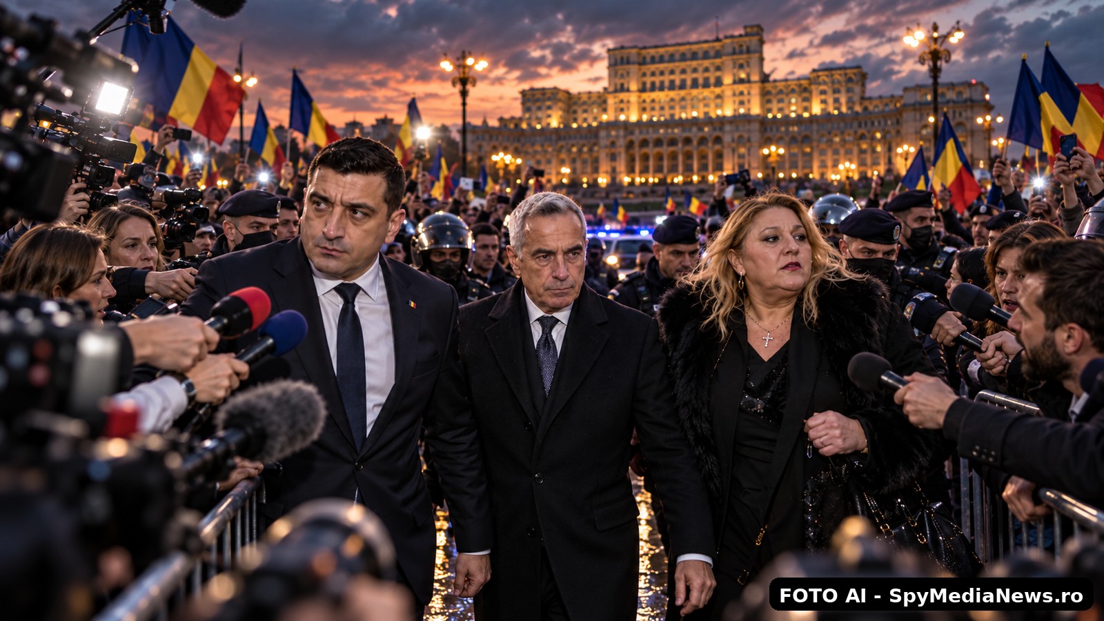 George Simion, Călin Georgescu și Diana Șoșoacă în fața unei mulțimi cu steaguri românești, sub privirea forțelor de ordine și a presei
