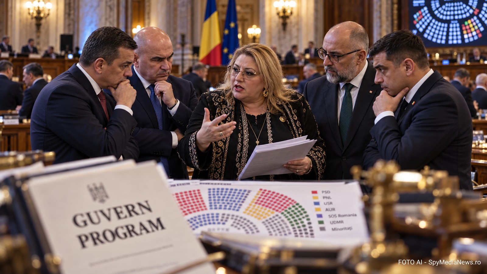 Sală parlamentară cu un afișaj simbolic al pragului de 233 de voturi necesar unei majorități