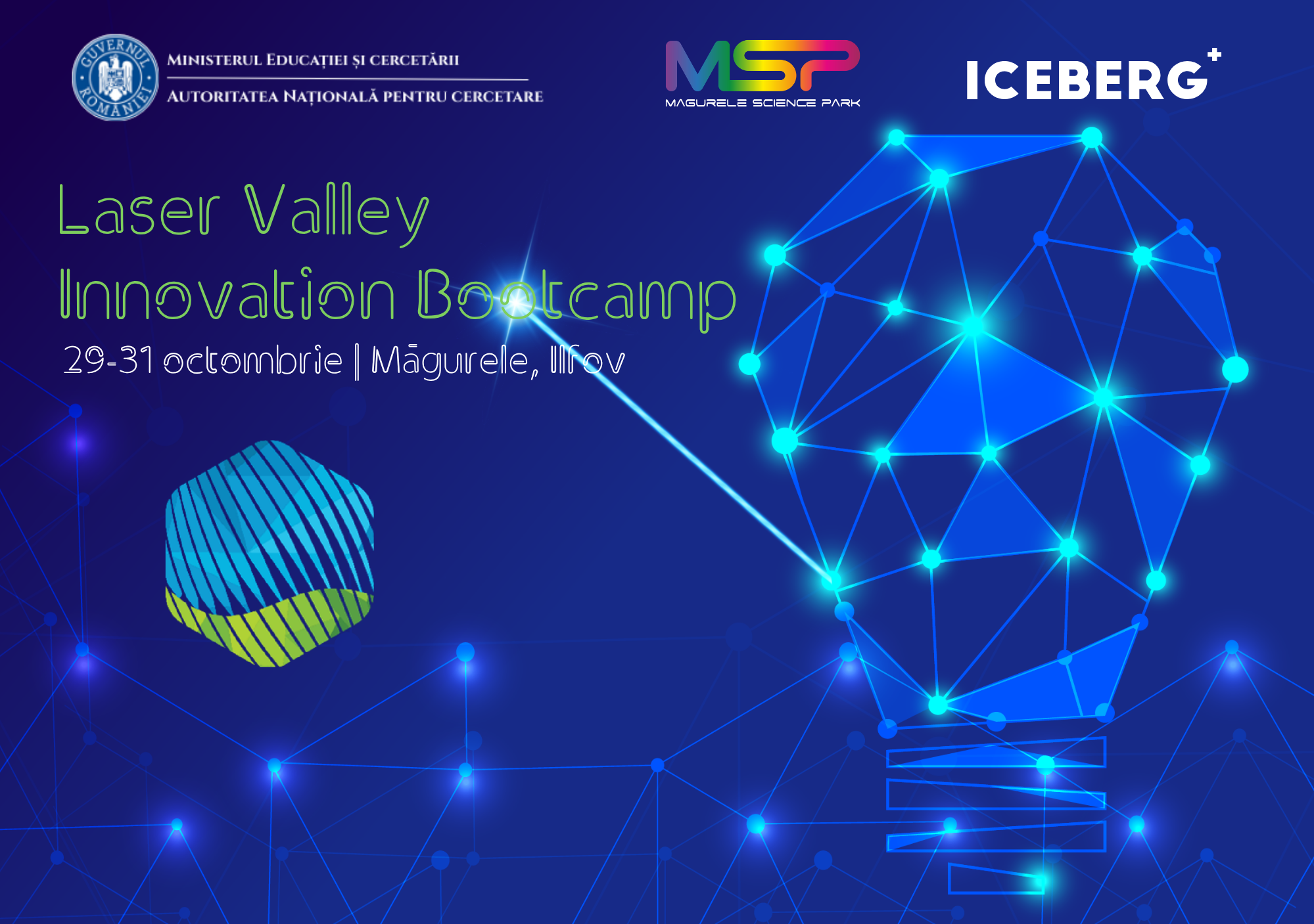 Vizual general oficial Laser Valley Innovation Bootcamp 2026, 29–31 octombrie, Măgurele, cu logo-urile ANC, Măgurele Science Park și Iceberg+