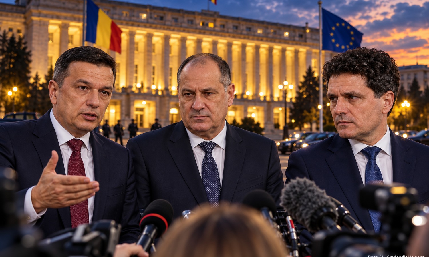 Ilustrație editorială cu Sorin Grindeanu, Marian Neacșu și Luca Niculescu în fața Palatului Victoria