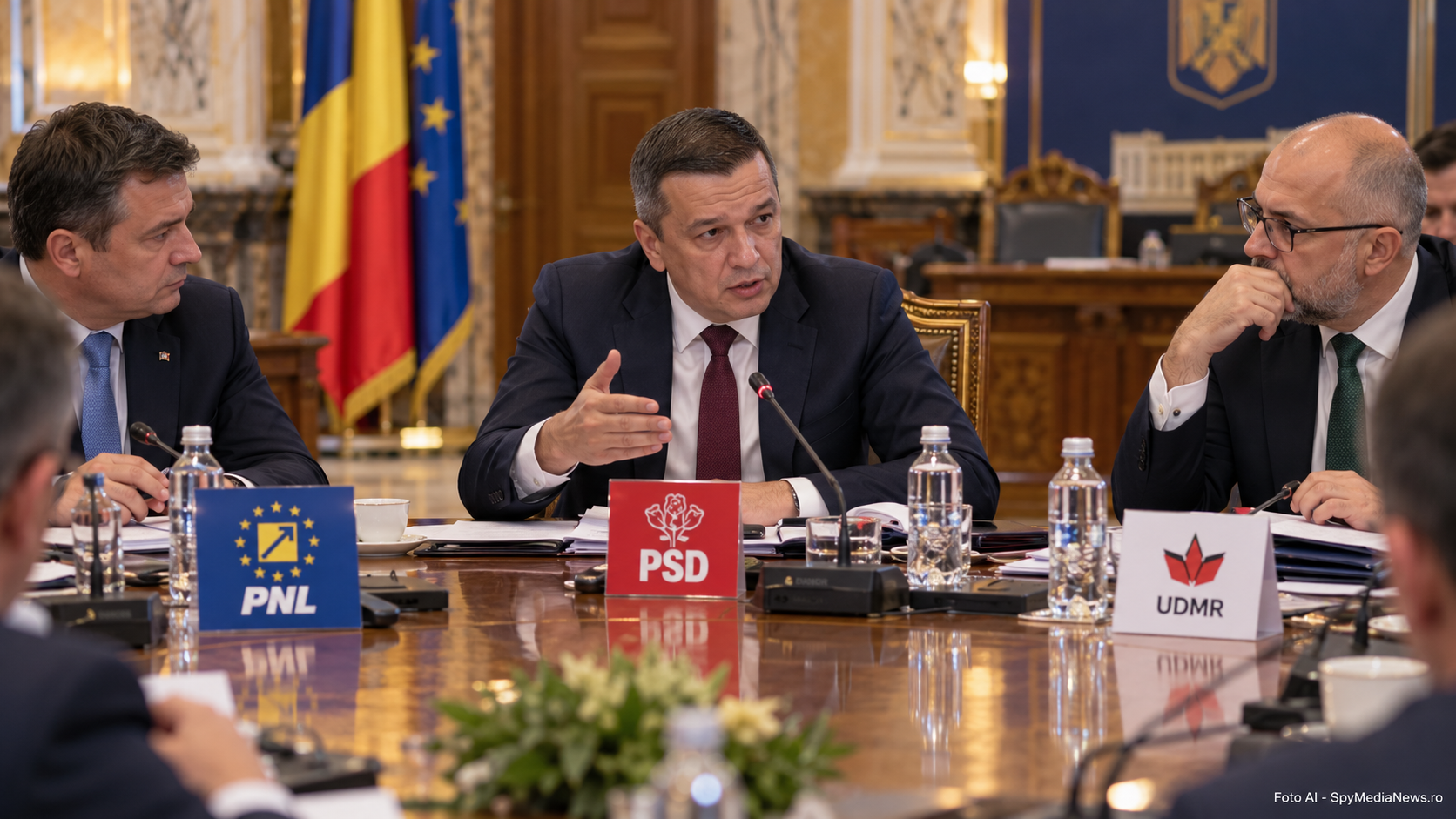 Ilustrație AI cu negocieri de coaliție și presiune parlamentară