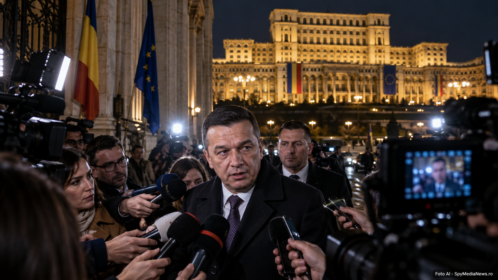 Ilustrație AI cu presă și presiune în fața Parlamentului