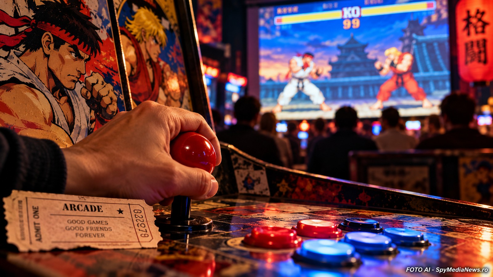 Joystick arcade și ecran de fighting game într-o sală retro
